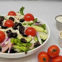 Antipasto Salad · Spring mix, romaine lettuce, red onions, green bell peppers, salami, Canadian bacon, black o...