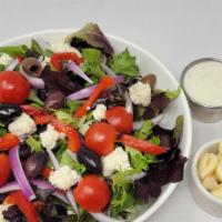Mediterranean Salad Single · Green mix, red roasted peppers, cherry tomatoes, red onions, and feta cheese.