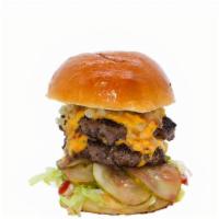 Double Fisted Burger · double meat | double American cheese | mayo | lettuce | tomato | pickle | ketchup | mustard