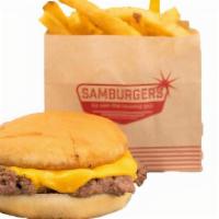 Sammy Burger · Sam's Favorite Patty| American cheese | tots or fries and a juice box | side of ketchup & mu...