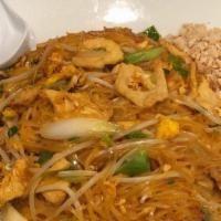 Pad Lao Or Pad Thai · Wok fried rice noodles with eggs, scallions, and bean sprouts.