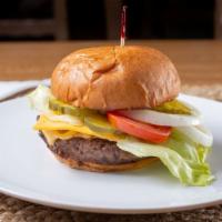 Cheeseburger  · Brioche bun, eight ounces Angus beef patty, American Cheese, lettuce, tomatoes, onions, pick...