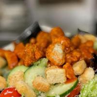 Buffalo Chicken-Salad · ROMAINE LETTUCE, BREADED CHICKEN BREAST, TOMATO,BLEU CHEESE CRUMBLES.