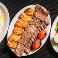 Barcode Kabob Plate(Serves 2) · 1 skewer of chicken kabob, 1 skewer of ground beef( koobideh) kabob and 1 skewer of barg kab...