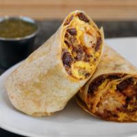 The Chori Burrito · Chorizo Roja, by the chori man out of San Pedro, Tater Tots, scrambled eggs, and cheddar che...