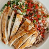 The Hipster Bowl · Brown rice, egg whites, sliced chicken breast, quinoa, spinach, and pico de gallo.