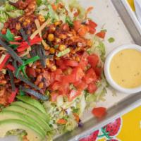 Carmens’S Bbq Chicken Salad · Tangy BBQ chicken, grilled corn, avocado, tomato, and chopped lettuce. Served with honey mus...