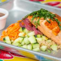 Salmon Bowl · Salmon, brown rice, cucumbers, sweet onions, carrots, toasted almonds, fresh mint and basil,...