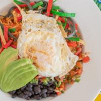 The Juarez Bowl · Chicken tinga, black beans, Spanish rice, a fried egg, avocado, pico de gallo, crisp tortill...