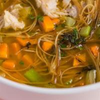Chicken Noodle Soup · Traditional chicken, carrots, celery, onion, garlic, jalapeño, fennel, scallions, angel hair