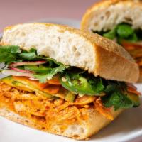 G Sandwich · G-chicken, carrots, radish, cilantro, jalapeno, cucumber, spicy vinaigrette, baguette.