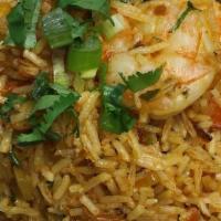 Shrimp Biryani · Shrimp cooked with Basmati rice in Himalayan herbs and spices. Serve with your yogurt cucumb...
