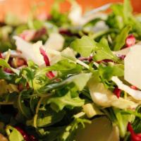 Tricolore Insalate · Arugula, Radicchio and Endive with Shaved Parmesan, Balsamic Dressing.