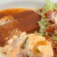 Enchilada · Your choice of chicken beef pork or cheese. includes a soup salad rice and beans.