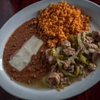 Chile Verde · Braised pork with bell pepper, tomatillo, onion and tortillas.