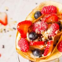 Wild Berries · Sliced strawberries, blueberries, raspberries, custard cream, whipped yogurt, chocolate pear...