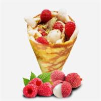 Lychee Romantic · Lychees, raspberries, rose custard cream, whipped yogurt, crushed pistachio.