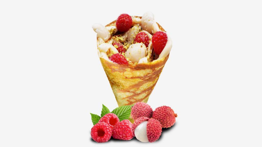Lychee Romantic Crepe · Lychees, raspberries, rose custard cream, whipped yogurt, crushed pistachio.