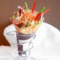Angus Short Ribs · Angus short ribs, chopped iceberg, lettuce, julienned, carrots, red onions, red peppers, cru...