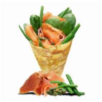 Smoked Salmon · Smoked salmon, cream cheese, baby spinach, capers, red onions, string beans. 260 cal.