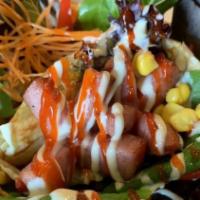 Okinawa Hot Dog · Okinawa hot dog, mesclun mix, julienned carrots, cheddar cheese, red onions, red peppers, co...
