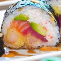 Sumo Roll (5 Larger Pieces) · salmon, tuna, shrimp tempura, avocado & imitation crab roll topped with spicy mayo, eel sauc...
