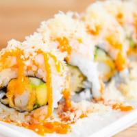 The Shrimp Pimp Roll · shrimp tempura, avocado & cucumber roll topped with ebi shrimp, tempura flakes, spicy mayo, ...