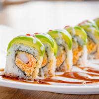 Green Train Roll · shrimp tempura & spicy imitation crab roll topped with avocado, sweet mayo, eel sauce, srira...
