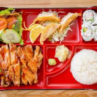 Teriyaki Bento Boxes (Chicken, Beef, Salmon) · California roll (4 pcs), gyoza (fried dumplings 3 pcs), miso soup, salad, steamed rice, and ...