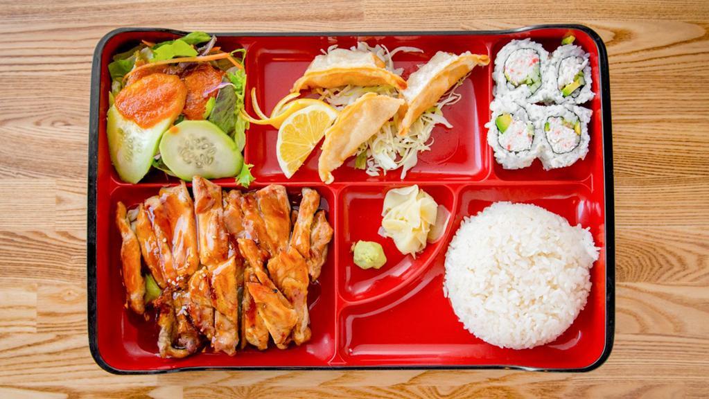 Teriyaki Bento Boxes (Chicken, Beef, Salmon) · California roll (4 pcs), gyoza (fried dumplings 3 pcs), miso soup, salad, steamed rice, and your choice of protein.