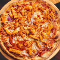 Bbq Pizza · Fresh daily chicken in BBQ sauce with mozzarella and blue cheese cilantro.