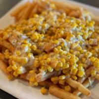 Corn Cheese Fries · Crispy fries with melted mozzarella cheese, sweet corn and Parmesan cheese on top.