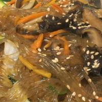 Japchae · Stir-fried glass noodle with vegetables and beef.