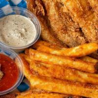 Fish N Chips · Cajun spiced battered white fish served with a side of fries and our home made remoulade sau...