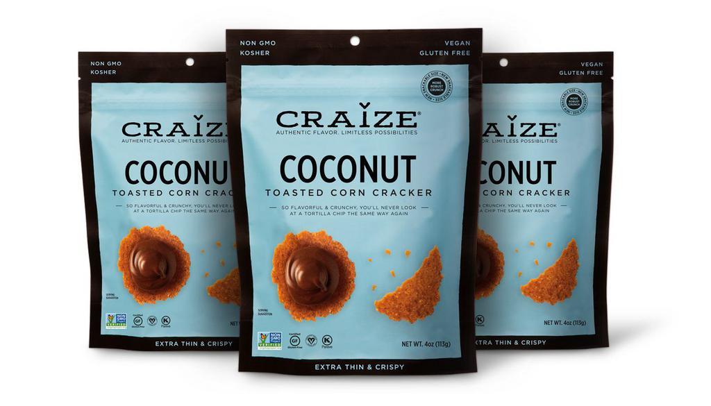 Coconut Toasted Corn Crackers · A tropical gem and one of our best sellers! Craize’s coconut is a special cracker that delights our taste buds in every bite! It pairs perfectly with all nut spreads, banana, honey, ice cream, and of course, Nutella(R). This flavor also combines incredibly well with strong cheeses, like goat cheese and brie. If you like trying something new, this coconut Craize cracker will take you to a whole new taste experience.