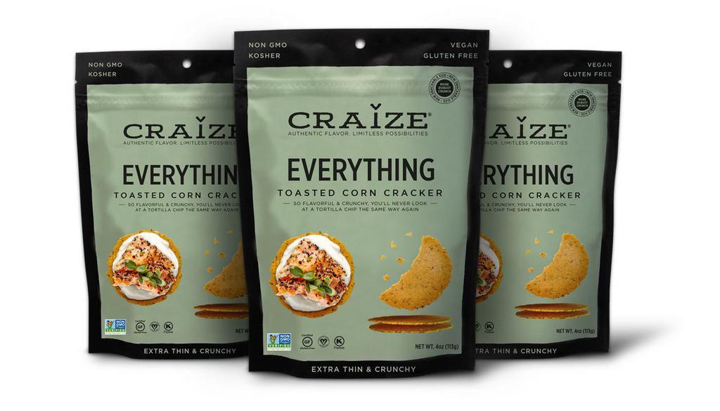 Everything Toasted Corn Crackers · Imagine if you could merge your favorite seasoning with your favorite Craize cracker… That’s right, we’ve finally created a unique cracker that has the sweetness of corn, combined with the saltiness of the classic and delicious, “Everything Bagel” seasoning. Our newest creation is the perfect combination that blends two cultures together into one extraordinary flavor. The Everything Craize Cracker has arrived, so you can stop imagining, and start enjoying our take of an American favorite fused into one thin and crunchy Everything Craize Cracker!