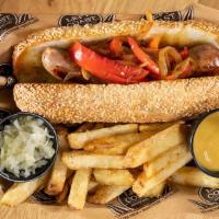 Beer Bratwurst · Nuerenberger Bratwurst braised in our Surf Break beer, topped with caramelized peppers and o...
