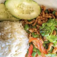 Spicy Basil Chicken · Ground chicken breast, Thai basil, green beans, in spicy garlic sauce. May not substitute pr...