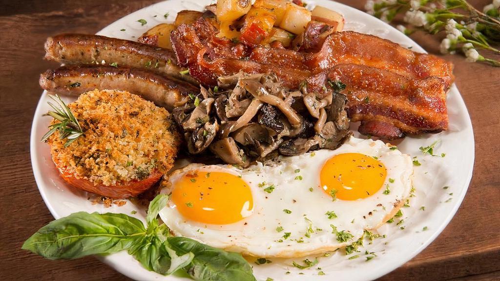 Urth Laguna Breakfast · Two eggs any style, Urth potatoes, mixed mushrooms,
oven-roasted tomato, bacon, sausage and whole wheat toast.