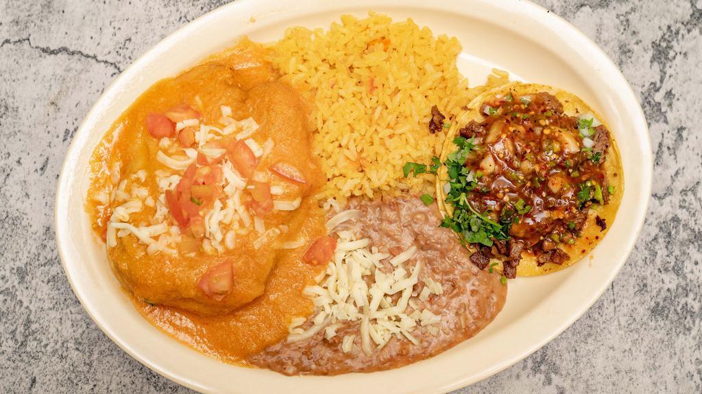Combo Chile Relleno And Taco · 1 Chile Relleno of cheese 
1 Soft Taco (Choice of meat)
And Rice & Beans.