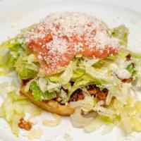 Sopes · 1 Fried corn dough  topped with Choice of meat, beans, cheese, sour cream, lettuce and mild ...