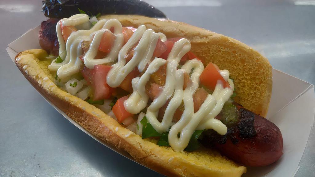 Bull Dog · Bacon wrapped hot dog, onions, cilantro, tomatoes, green salsa, mayo.