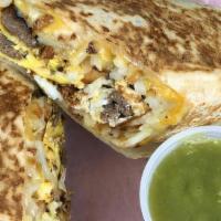 All Day Breakfast Burrito · Hash brown, cheese, eggs and your choice of meat.