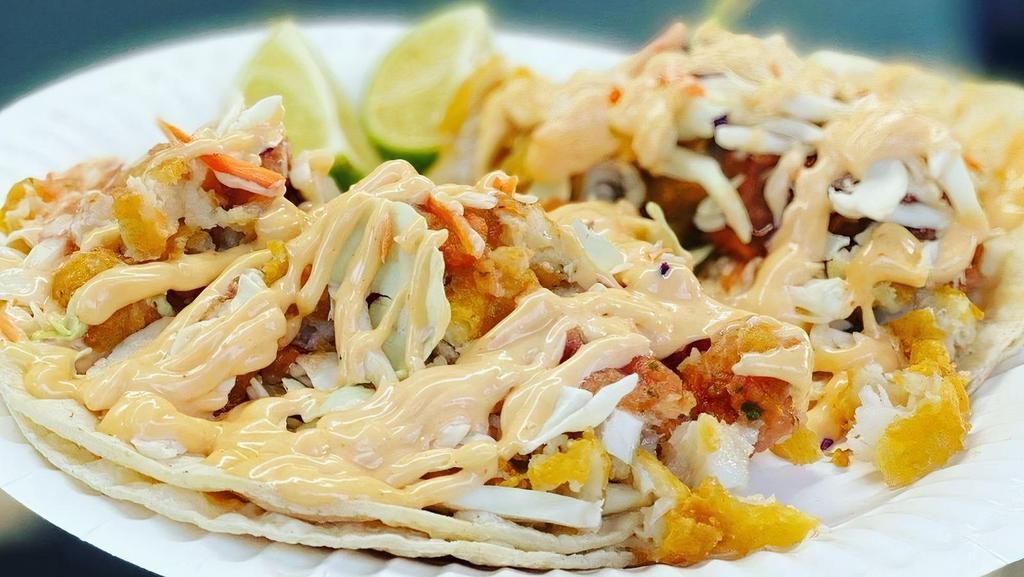 Fried Fish Taco · Fried fish, cole slaw, pico de gallo, sriracha mayo on a six inch tortilla.