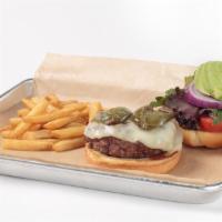Matador Burger · Spicy. 1/2 lb. of fresh angus beef hand-pattied Oggi's signature seasoning. Topped with prov...