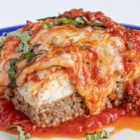 Beef Lasagna · Ground beef ricotta, mozzarella, marinara sauce, and Parmesan cheese.