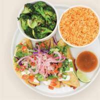 Tacos Dorados · Three Crispy Chicken Breast Tacos, Shredded Romaine, Red Cabbage, Pickled Fresnos + Onions, ...