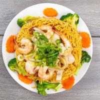 Crispy Or Soft Seafood Noodle · Shrimp, squid, lobster flavor meatball, imitation crab. Served with cabbage, carrot, broccol...