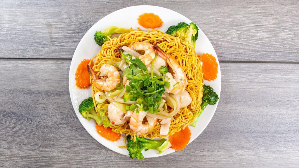 Crispy Or Soft Seafood Noodle · Shrimp, squid, lobster flavor meatball, imitation crab. Served with cabbage, carrot, broccoli,  onion.