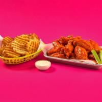 15 Pc. Meal For Two · 15 Classic Bone-in or Boneless wings with choice of 2 flavors, regular fries and 2 dips.